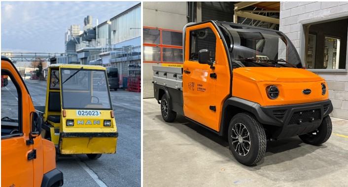 Spijkstaal Elektro-Pritschenwagen von 1992 neben dem neuen e-Transporter IONAxs